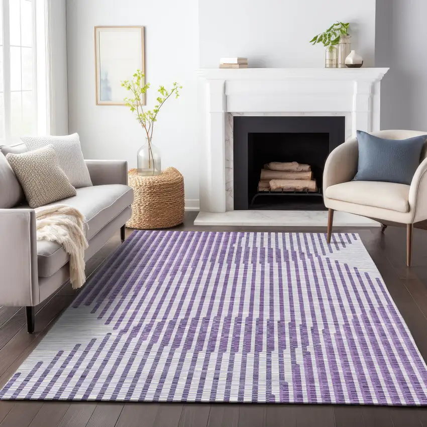 Purple Gray And Ivory Geometric Washable Indoor Outdoor Area Rug Photo 9