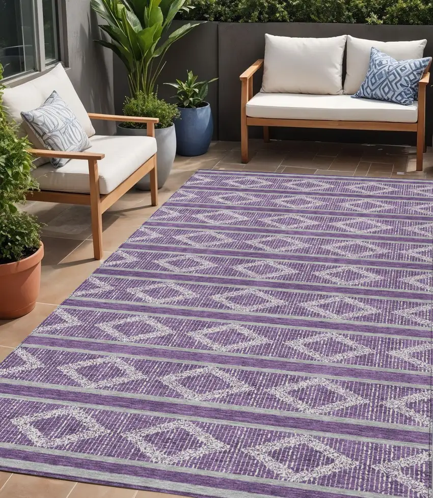 Purple Gray And Ivory Geometric Washable Indoor Outdoor Area Rug Photo 1