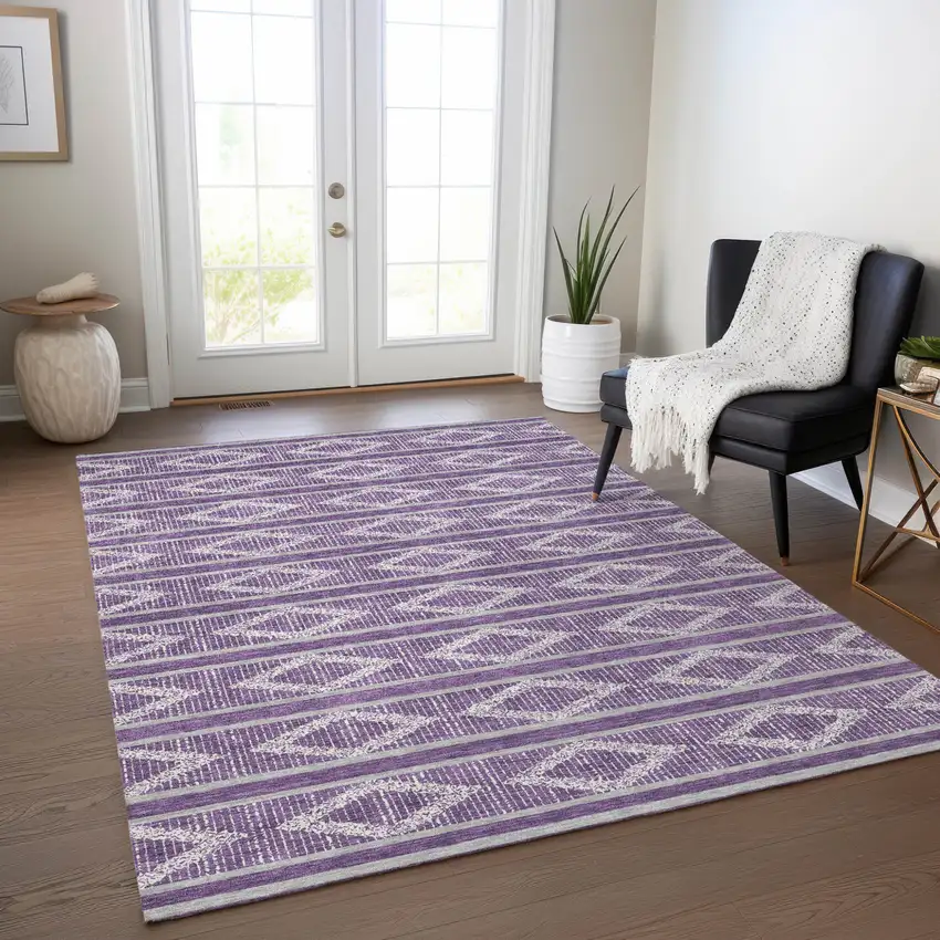 Purple Gray And Ivory Geometric Washable Indoor Outdoor Area Rug Photo 9