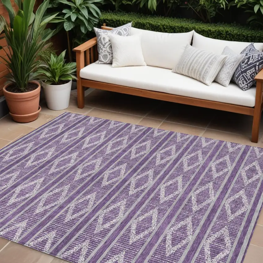 Purple Gray And Ivory Geometric Washable Indoor Outdoor Area Rug Photo 1