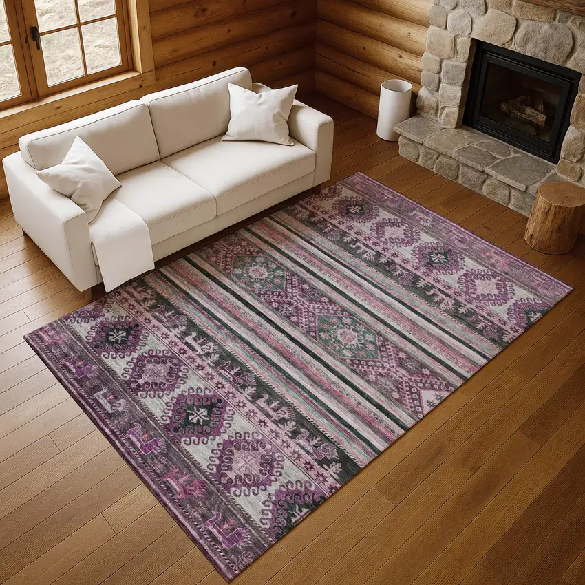 Purple Gray And Ivory Medallion Washable Area Rug With UV Protection Photo 5