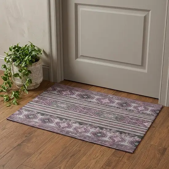 Purple Gray And Ivory Medallion Washable Area Rug With UV Protection Photo 1