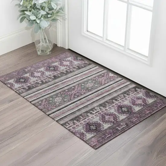 Purple Gray And Ivory Medallion Washable Area Rug With UV Protection Photo 2