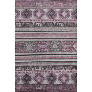 Photo of Purple Gray And Ivory Medallion Washable Area Rug With UV Protection