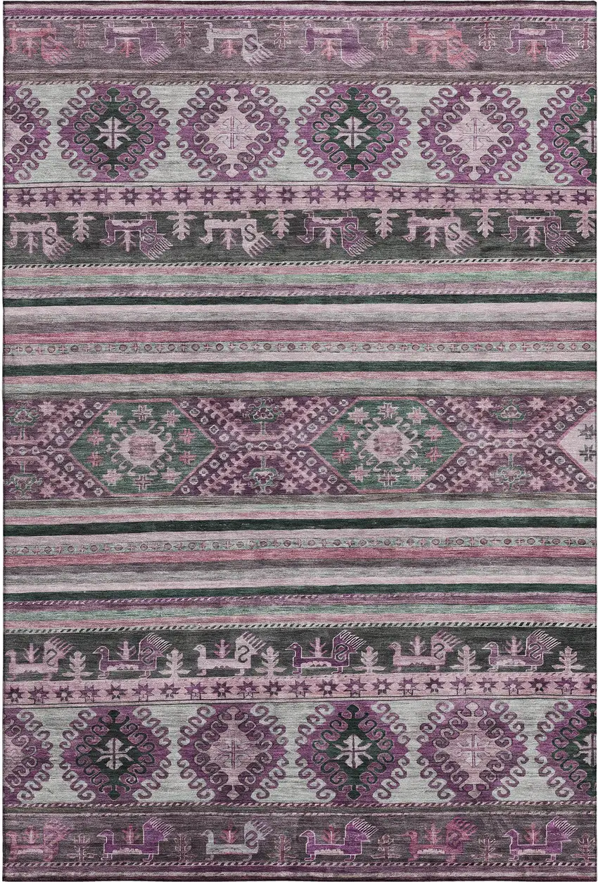 Purple Gray And Ivory Medallion Washable Area Rug With UV Protection Photo 1