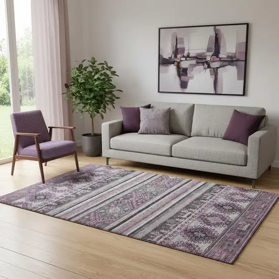 Purple Gray And Ivory Medallion Washable Area Rug With UV Protection Photo 2