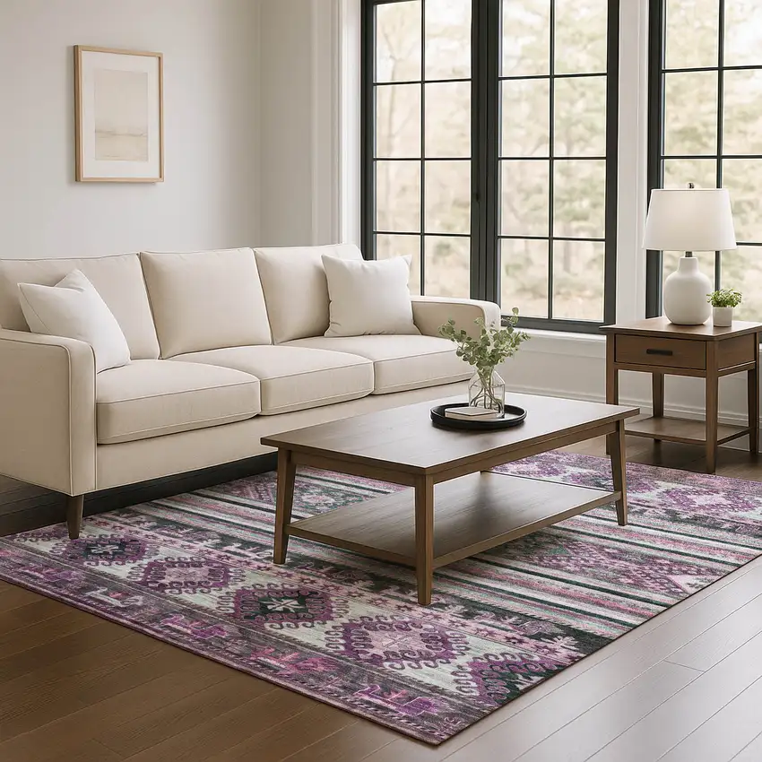 Purple Gray And Ivory Medallion Washable Area Rug With UV Protection Photo 4