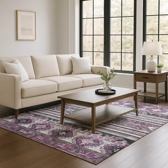 Purple Gray And Ivory Medallion Washable Area Rug With UV Protection Photo 4