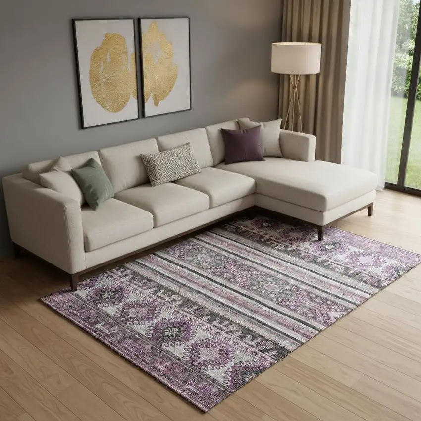 Purple Gray And Ivory Medallion Washable Area Rug With UV Protection Photo 2