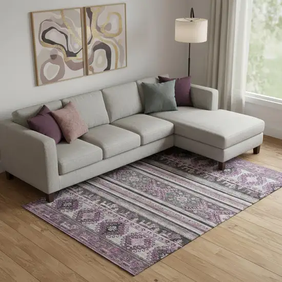Purple Gray And Ivory Medallion Washable Area Rug With UV Protection Photo 2