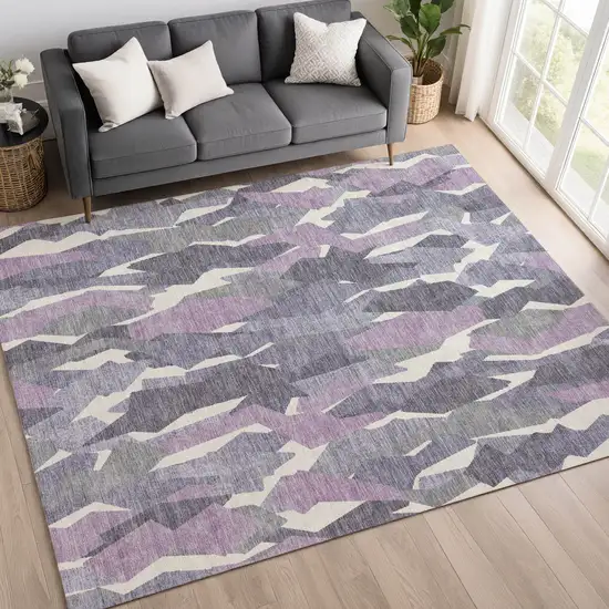 Purple Gray And Ivory Striped Washable Indoor Outdoor Area Rug Photo 9