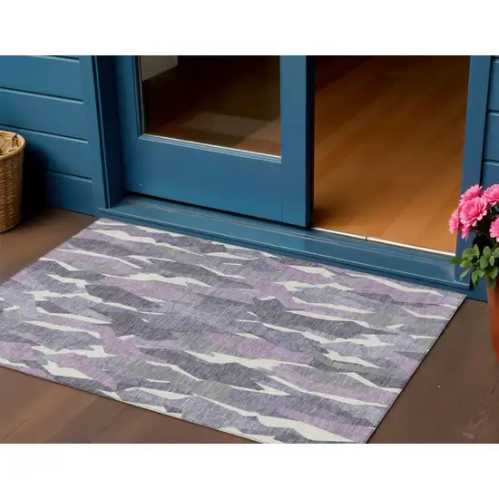 Purple Gray And Ivory Striped Washable Indoor Outdoor Area Rug Photo 1