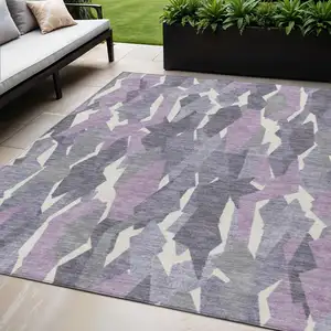 Photo of Purple Gray And Ivory Striped Washable Indoor Outdoor Area Rug