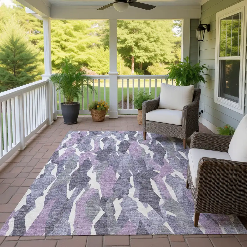 Purple Gray And Ivory Striped Washable Indoor Outdoor Area Rug Photo 9