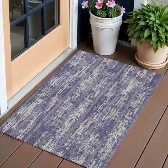 Purple Gray And Ivory Striped Washable Indoor Outdoor Area Rug Photo 1