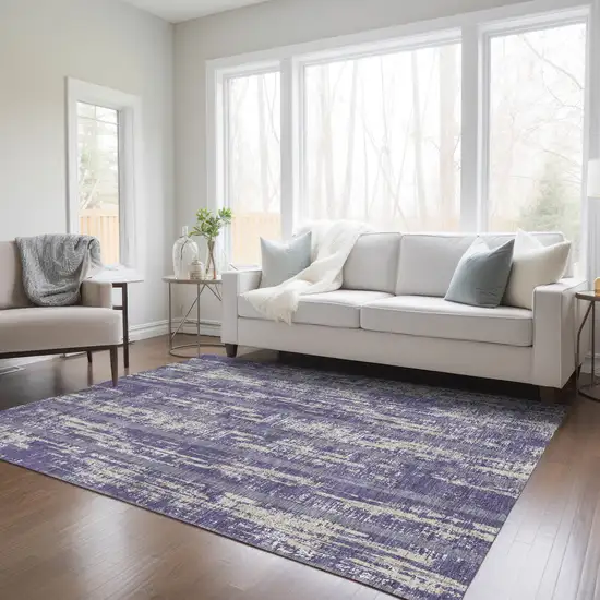 Purple Gray And Ivory Striped Washable Indoor Outdoor Area Rug Photo 9
