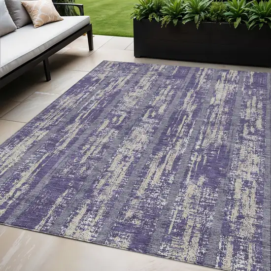 Purple Gray And Ivory Striped Washable Indoor Outdoor Area Rug Photo 1