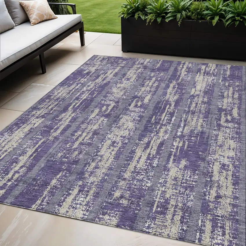 Purple Gray And Ivory Striped Washable Indoor Outdoor Area Rug Photo 1