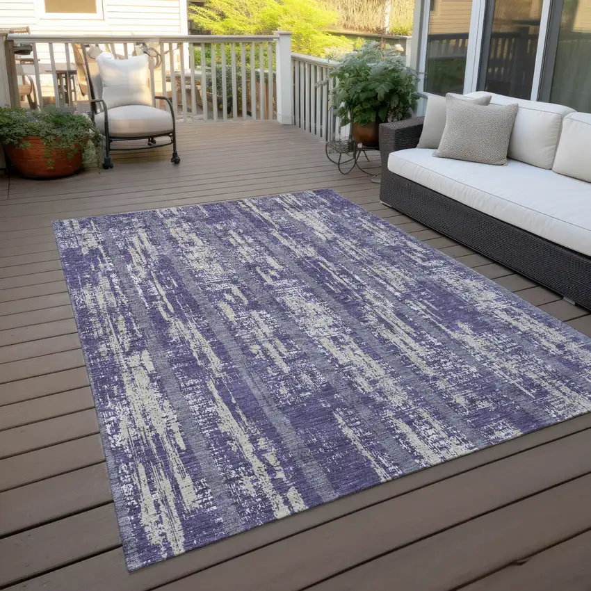 Purple Gray And Ivory Striped Washable Indoor Outdoor Area Rug Photo 8
