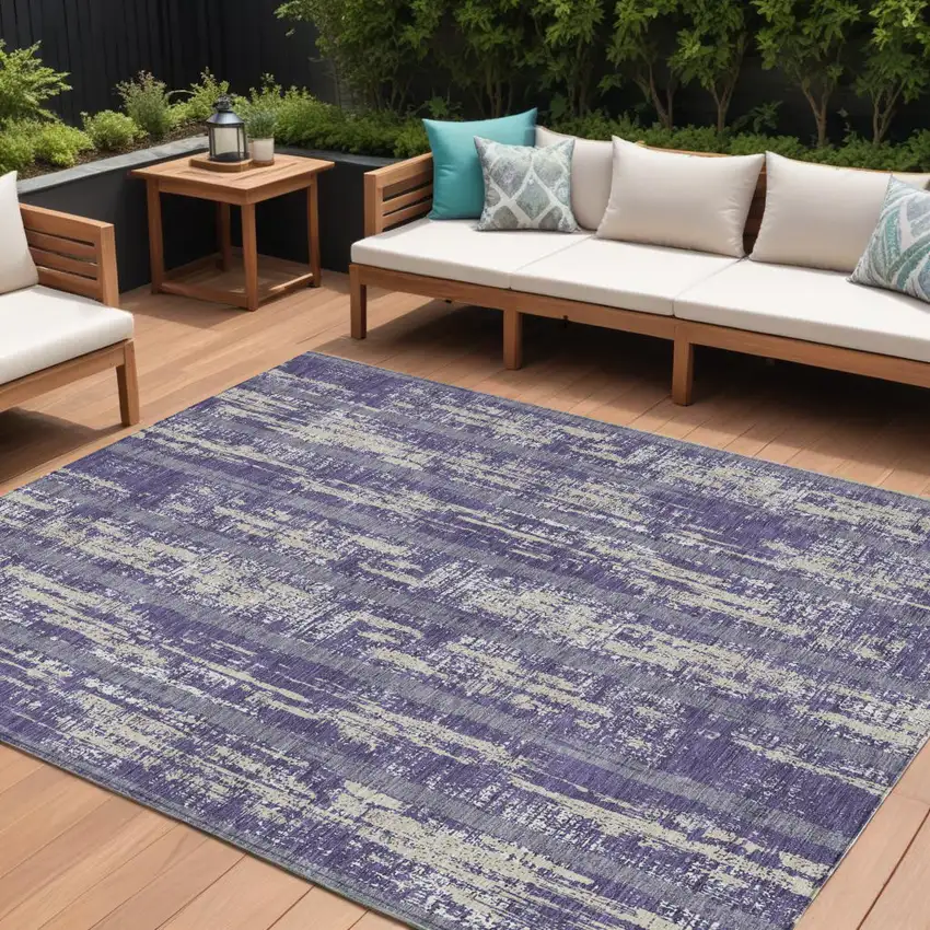 Purple Gray And Ivory Striped Washable Indoor Outdoor Area Rug Photo 1