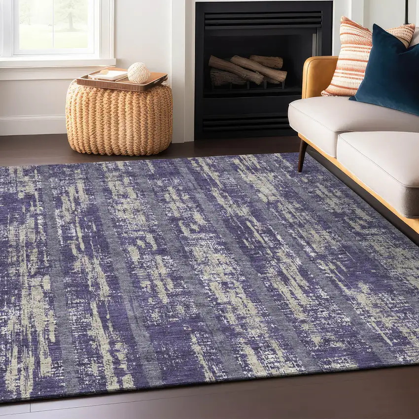 Purple Gray And Ivory Striped Washable Indoor Outdoor Area Rug Photo 9