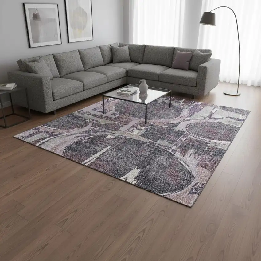 Purple Gray And Lavender Geometric Washable Area Rug With UV Protection Photo 2