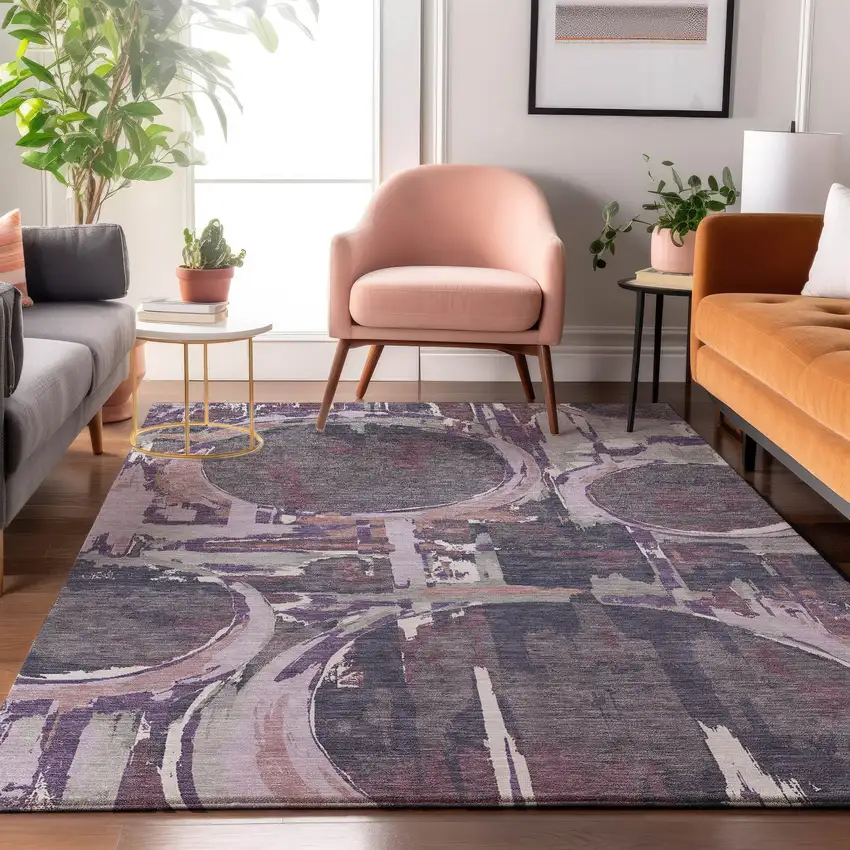 Purple Gray And Lavender Geometric Washable Area Rug With UV Protection Photo 5
