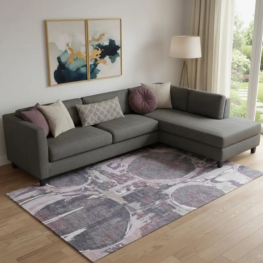 Purple Gray And Lavender Geometric Washable Area Rug With UV Protection Photo 1