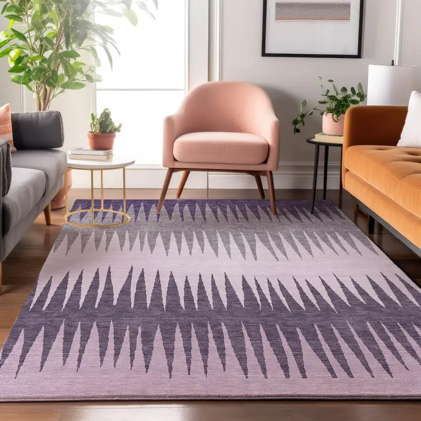Purple Gray And Lavender Striped Washable Area Rug With UV Protection Photo 5