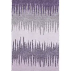 Photo of Purple Gray And Lavender Striped Washable Area Rug With UV Protection