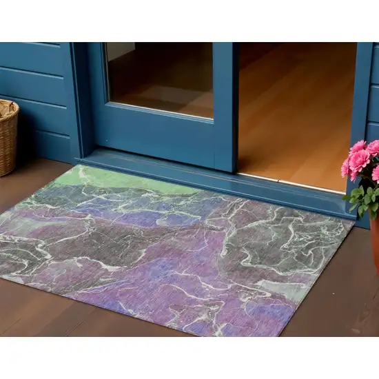 Purple Gray And Mint Green Abstract Washable Indoor Outdoor Area Rug Photo 2