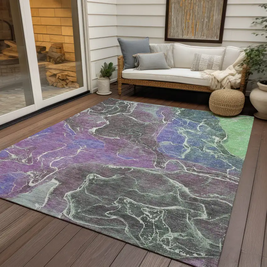 Purple Gray And Mint Green Abstract Washable Indoor Outdoor Area Rug Photo 5