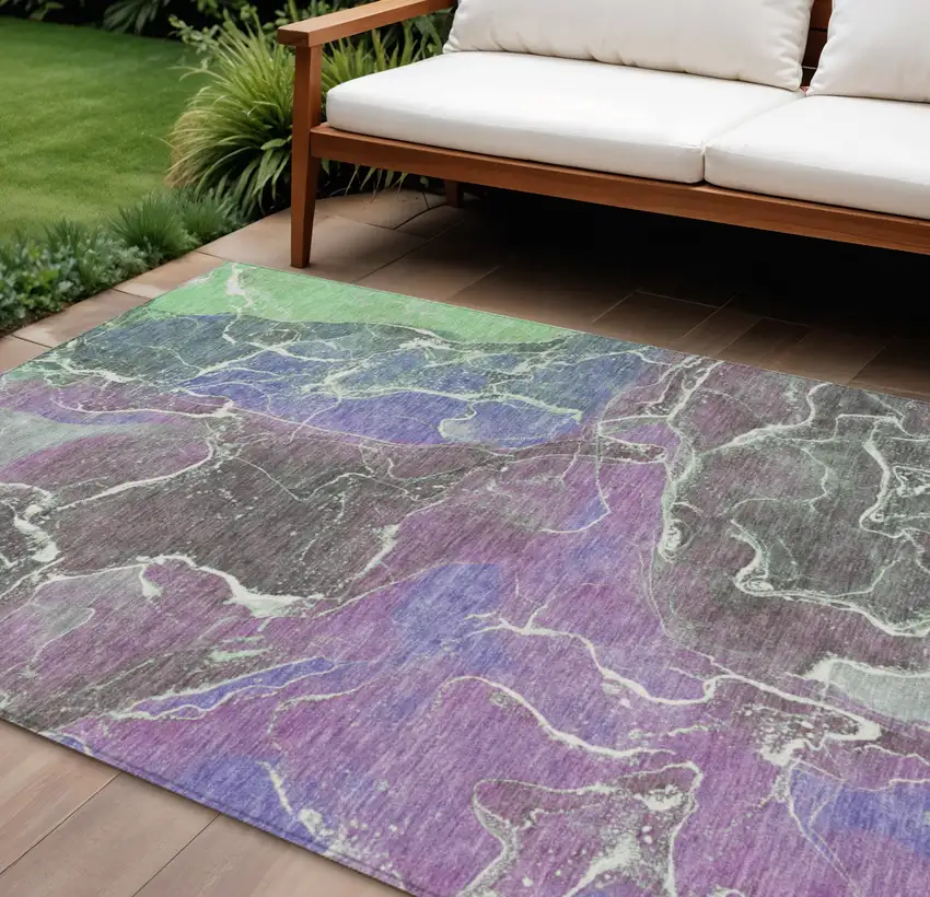 Purple Gray And Mint Green Abstract Washable Indoor Outdoor Area Rug Photo 2