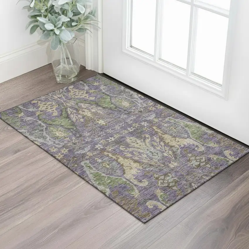 Purple Gray And Olive Green Floral Washable Area Rug With UV Protection Photo 2