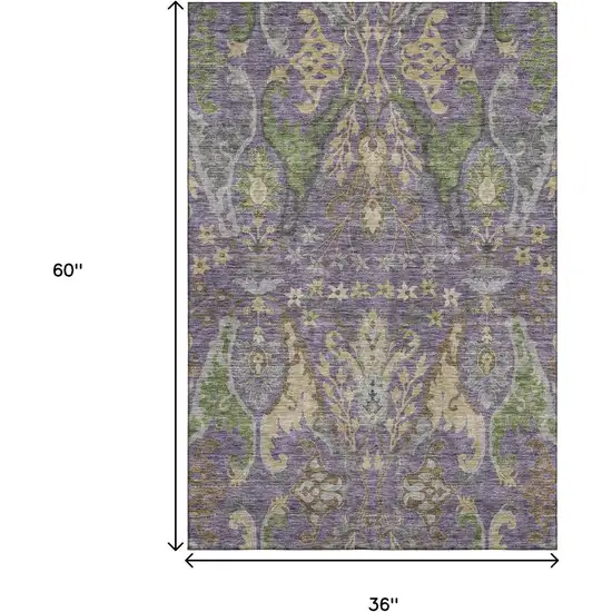 Purple Gray And Olive Green Floral Washable Area Rug With UV Protection Photo 3