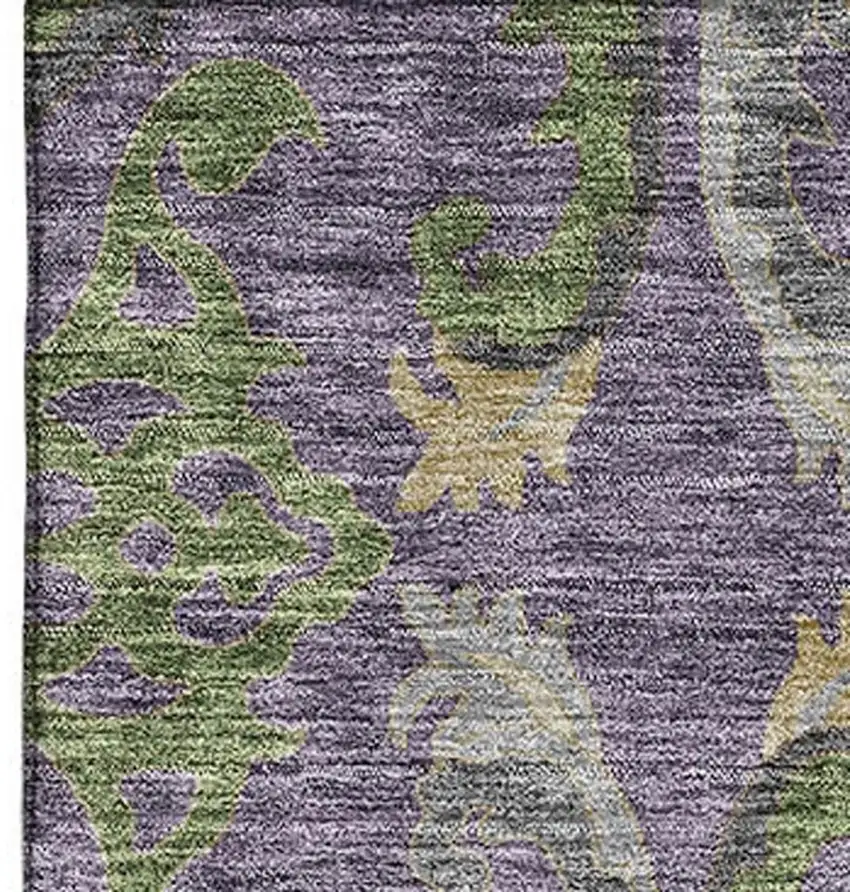Purple Gray And Olive Green Floral Washable Area Rug With UV Protection Photo 3