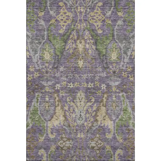 Purple Gray And Olive Green Floral Washable Area Rug With UV Protection Photo 1