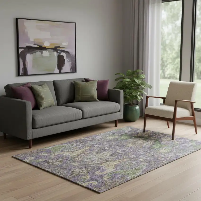 Purple Gray And Olive Green Floral Washable Area Rug With UV Protection Photo 2