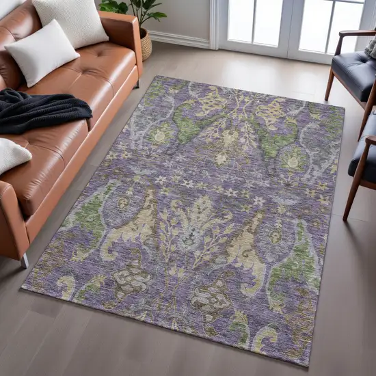 Purple Gray And Olive Green Floral Washable Area Rug With UV Protection Photo 5