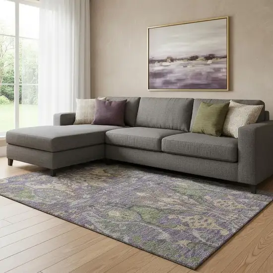 Purple Gray And Olive Green Floral Washable Area Rug With UV Protection Photo 2