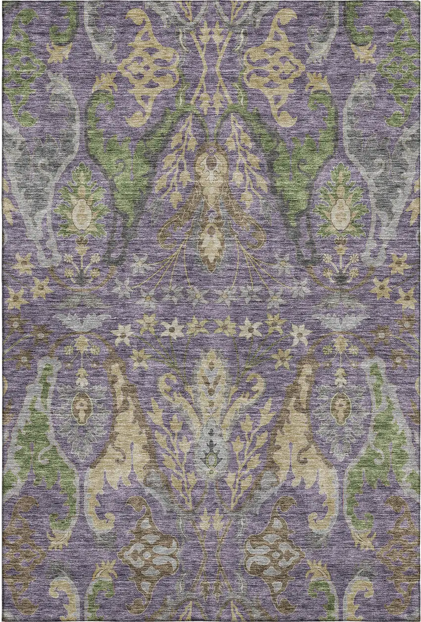 Purple Gray And Olive Green Floral Washable Area Rug With UV Protection Photo 1
