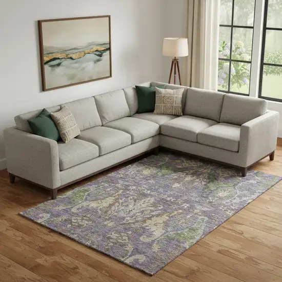 Purple Gray And Olive Green Floral Washable Area Rug With UV Protection Photo 2