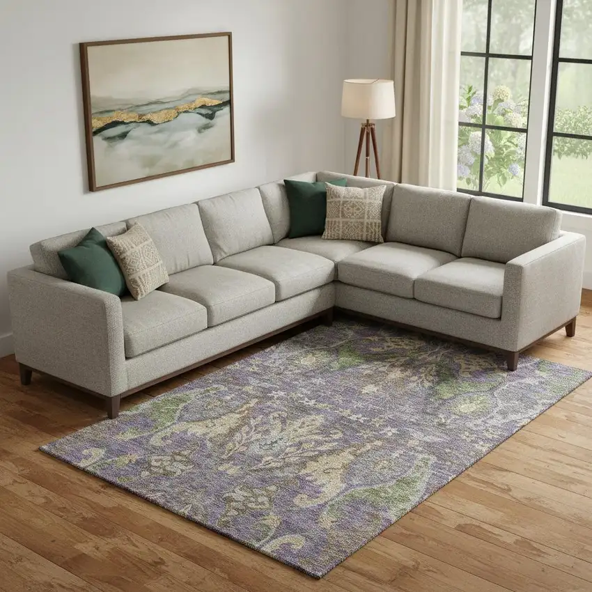 Purple Gray And Olive Green Floral Washable Area Rug With UV Protection Photo 2