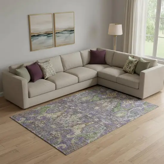 Purple Gray And Olive Green Floral Washable Area Rug With UV Protection Photo 2