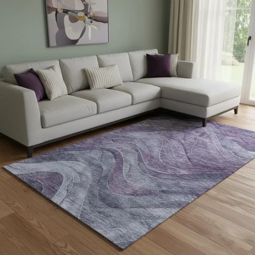Purple Gray And Silver Abstract Washable Area Rug With UV Protection Photo 2