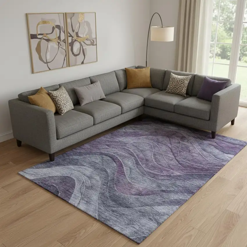 Purple Gray And Silver Abstract Washable Area Rug With UV Protection Photo 2