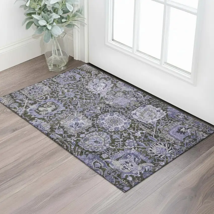 Purple Gray And Silver Damask Washable Area Rug With UV Protection Photo 2