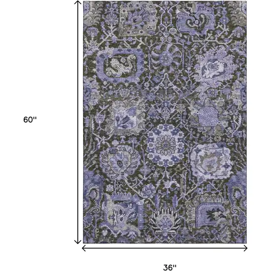 Purple Gray And Silver Damask Washable Area Rug With UV Protection Photo 3