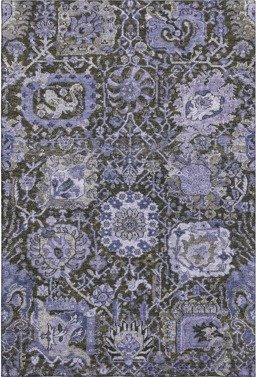 Purple Gray And Silver Damask Washable Area Rug With UV Protection Photo 1