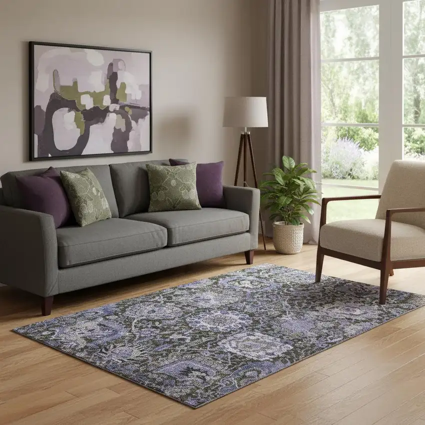 Purple Gray And Silver Damask Washable Area Rug With UV Protection Photo 2